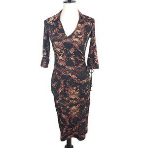 Ruby Y2K Black and Orange Floral Print V-Neck Faux Wrap Mini-Dress Size XS